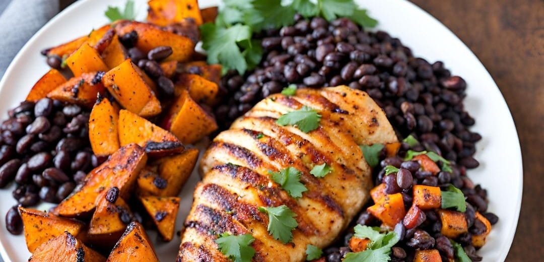 Smoked Paprika Chicken with Roasted Sweet Potatoes and Black Bean Salsa